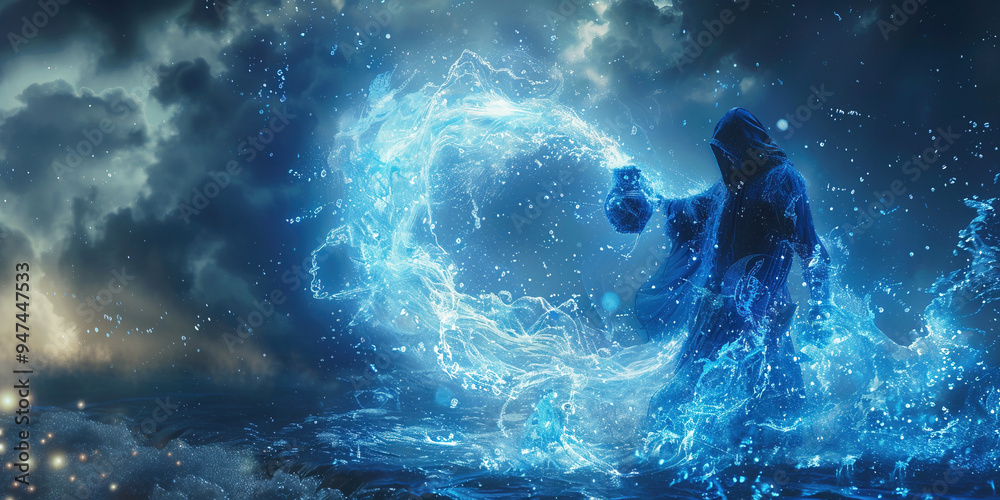 Aquarius is the astrological zodiac symbol of astronomy. Man pours water blue abstract sky background. Aquarius is the astrological zodiac symbol of astronomy. Man pours water blue abstract sky background.