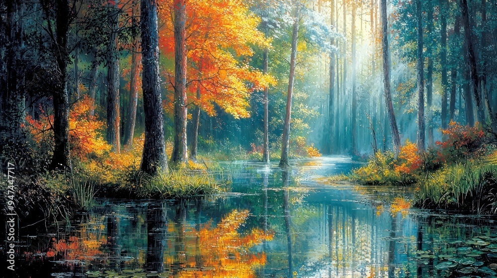 Obraz premium Sunlit Stream Through a Fall Forest