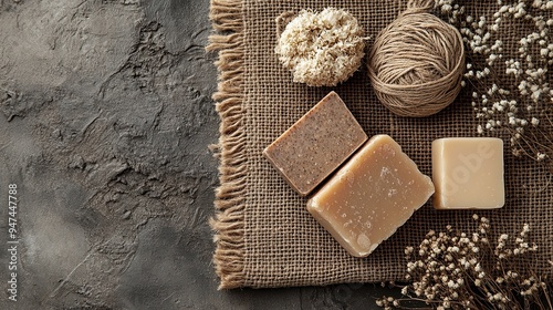 40. A rustic scene with earthy brown soap bars, natural loofah, and dried flowers, arranged on a jute mat for a natural look photo