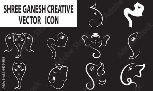 Lord Ganesh line art - Ganesh Face art - Ganesh Chaturthi - Ganapati Festival.  isolated on black background. Vector illustration. EPS 10