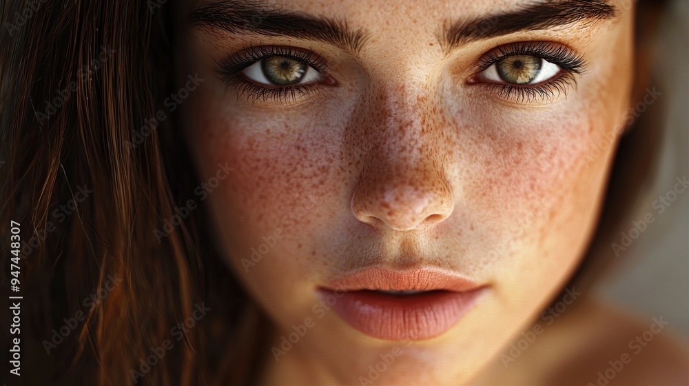 Close-up Portrait of a Young Woman with Freckles and Green Eyes Close-up Portrait of a Young Woman with Freckles and Green Eyes