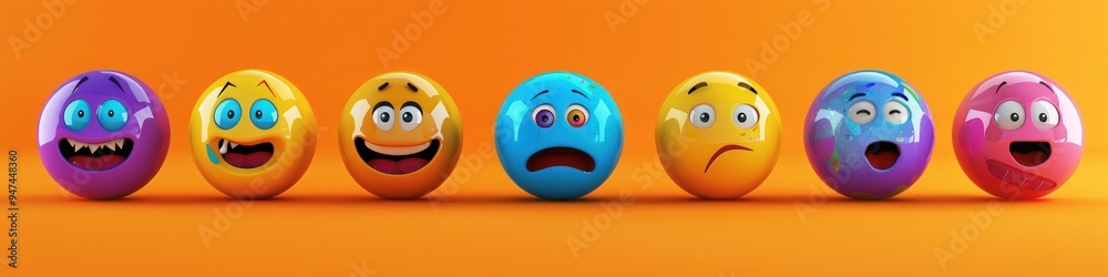 Fototapeta premium A set of vibrant 3D emojis arranged in a grid pattern, each displaying a different emotion, on a plain background with room for copy.