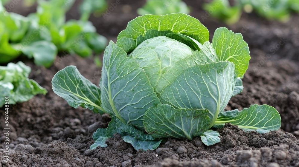 A view of a green cabbage growing in rich soil, surrounded by other vegetable plants. A view of a green cabbage growing in rich soil, surrounded by other vegetable plants.