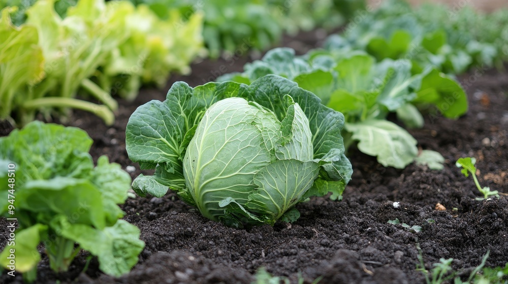 A view of a green cabbage growing in rich soil, surrounded by other vegetable plants. A view of a green cabbage growing in rich soil, surrounded by other vegetable plants.