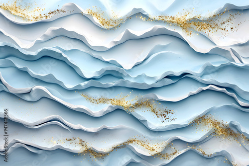 Creative Abstract Vibrant Blue Wavy with Golden Glitch Minimalist Podium with Geometric 3D Shapes: Round, Circle, and Square. Large Copy Space for Web Banner and HD Wallpaper.