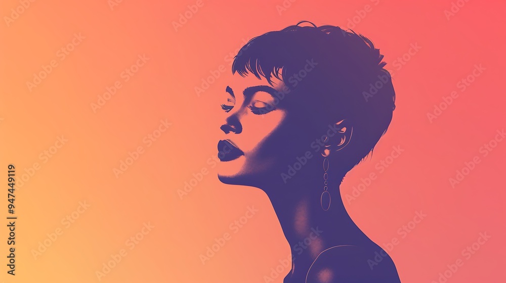 A modern illustration of a lady with short hair, depicted in a minimalist style with a focus on her facial features, set against a simple, gradient background. 8k UHD, suitable for high-quality A modern illustration of a lady with short hair, depicted in a minimalist style with a focus on her facial features, set against a simple, gradient background. 8k UHD, suitable for high-quality