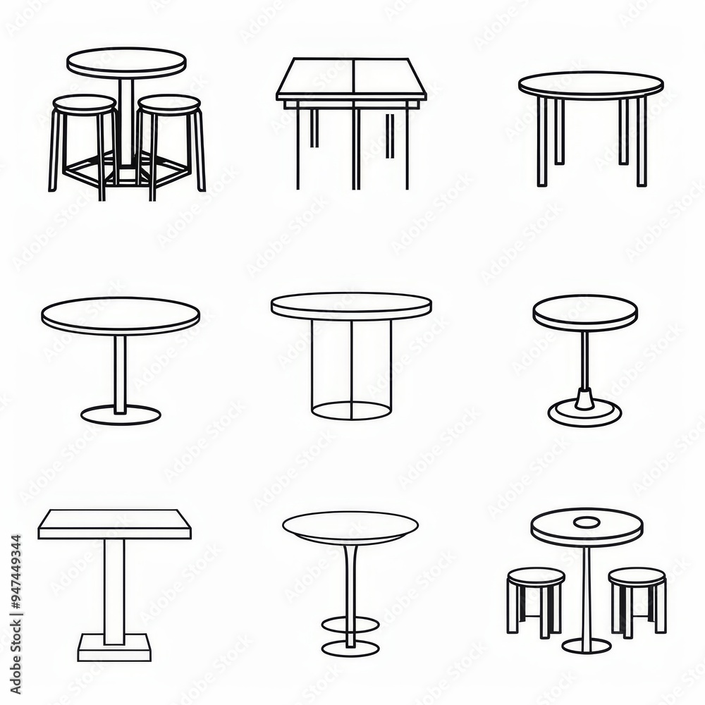 Tables sketched set, different line drawing desks, square and round tables, furniture doodles Tables sketched set, different line drawing desks, square and round tables, furniture doodles