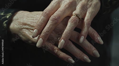 Close-up of Wrinkled Hands with Gold Rings and Polished Nails