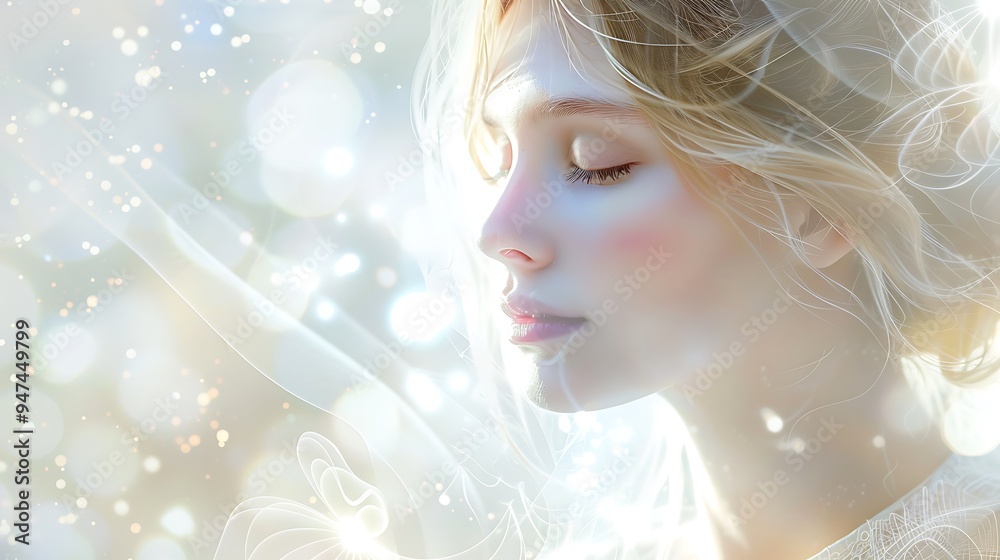 A delicate illustration of a lady with a serene expression, surrounded by soft, glowing light and subtle, ethereal patterns, evoking a sense of calm and grace. 8k UHD, suitable for high-quality A delicate illustration of a lady with a serene expression, surrounded by soft, glowing light and subtle, ethereal patterns, evoking a sense of calm and grace. 8k UHD, suitable for high-quality