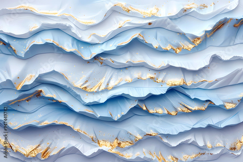 Creative Abstract Vibrant Blue Wavy with Golden Glitch Minimalist Podium with Geometric 3D Shapes: Round, Circle, and Square. Large Copy Space for Web Banner and HD Wallpaper.