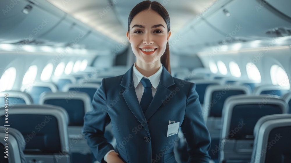 Smiling Flight Attendant in an Airplane Cabin Smiling Flight Attendant in an Airplane Cabin