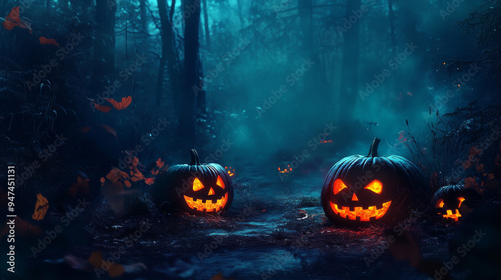 Explore the depths of a dark, haunted woodland where glowing pumpkins cast an otherworldly light. Explore the depths of a dark, haunted woodland where glowing pumpkins cast an otherworldly light.