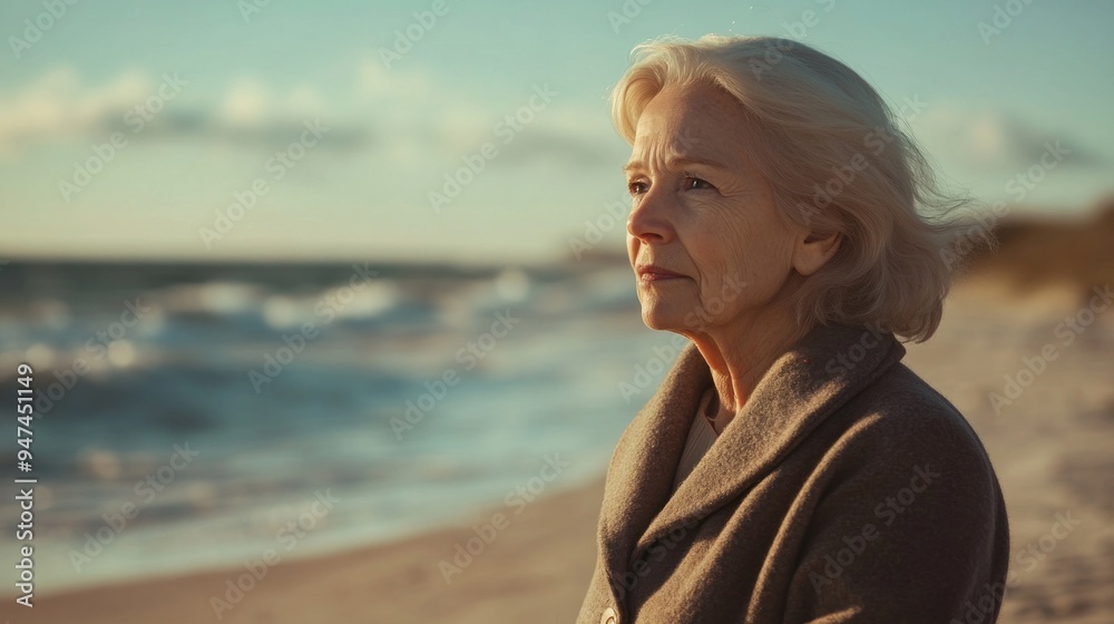 Thoughtful Elderly Woman on a Sandy Beach Thoughtful Elderly Woman on a Sandy Beach