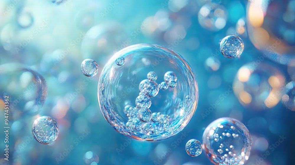 Bubbles and molecules floating together, creating a surreal and harmonious scientific visualization.