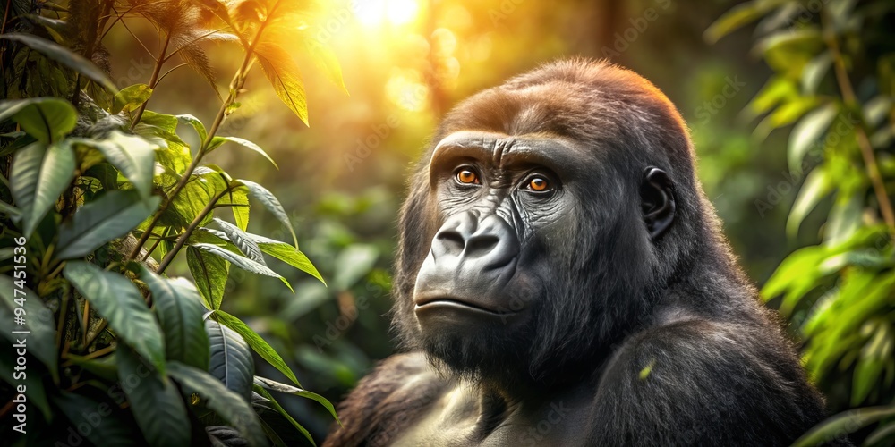 A stunning image of an Eastern Lowland Gorilla, its rugged fur juxtaposed with soft, muted natural hues, inviting the viewer to enter its primeval world. A stunning image of an Eastern Lowland Gorilla, its rugged fur juxtaposed with soft, muted natural hues, inviting the viewer to enter its primeval world.