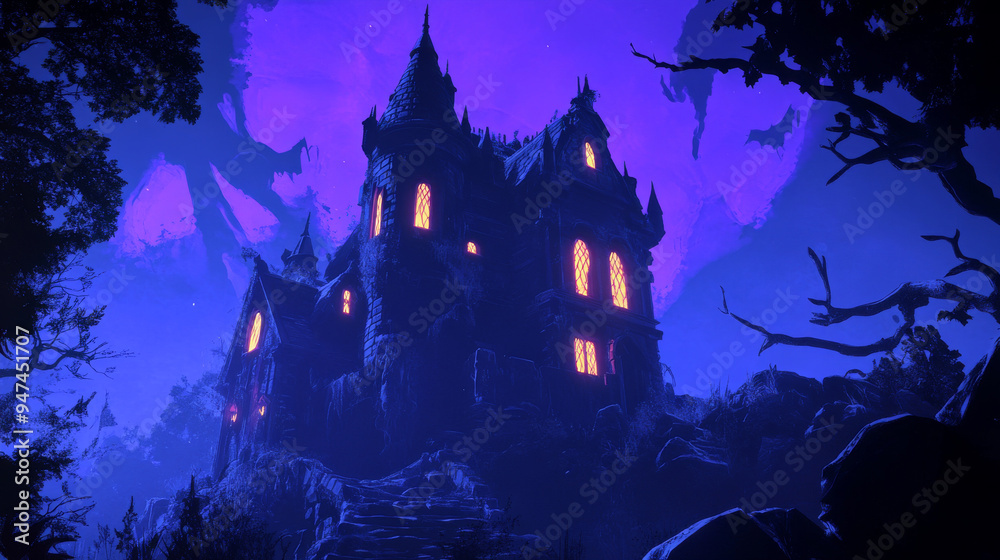 As twilight descends, this ancient castle emerges from the shadows, its windows glowing with an unsettling light. As twilight descends, this ancient castle emerges from the shadows, its windows glowing with an unsettling light.