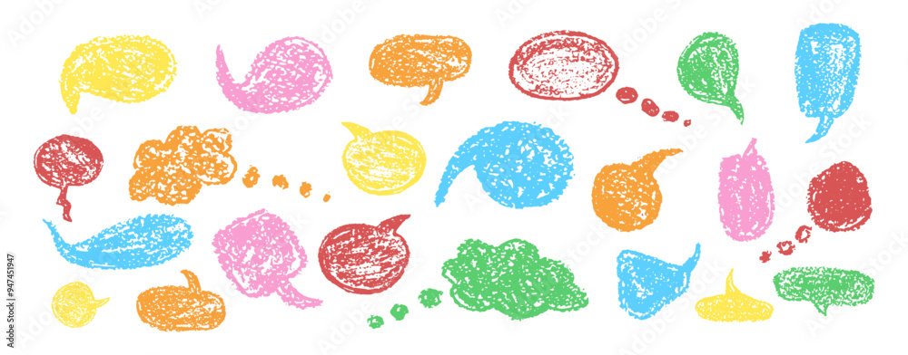 Set of fun speech bubbles for chat. Comic frame templates for dialogues. Collection of children speech balloons handwriting with wax pen. Colorful frames in school doodle style. Vector illustration Set of fun speech bubbles for chat. Comic frame templates for dialogues. Collection of children speech balloons handwriting with wax pen. Colorful frames in school doodle style. Vector illustration