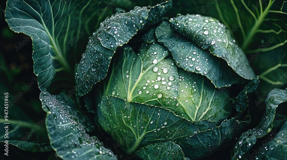Close-up of a large green cabbage, with dewdrops on its leaves, in a vegetable garden. Close-up of a large green cabbage, with dewdrops on its leaves, in a vegetable garden.