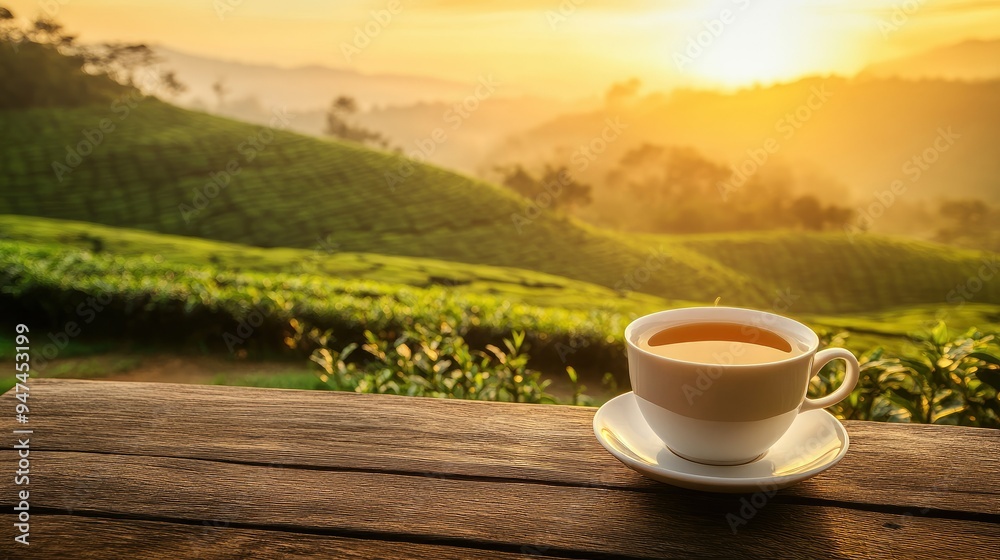 Cup of hot tea on a wooden table overlooking a tea plantation bathed in the golden glow of sunset. Cup of hot tea on a wooden table overlooking a tea plantation bathed in the golden glow of sunset.