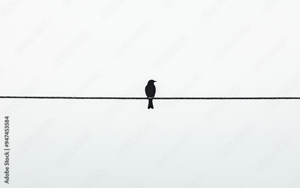 A solitary bird perched on a wire against a minimalist white background, capturing themes of solitude and tranquility. A solitary bird perched on a wire against a minimalist white background, capturing themes of solitude and tranquility.