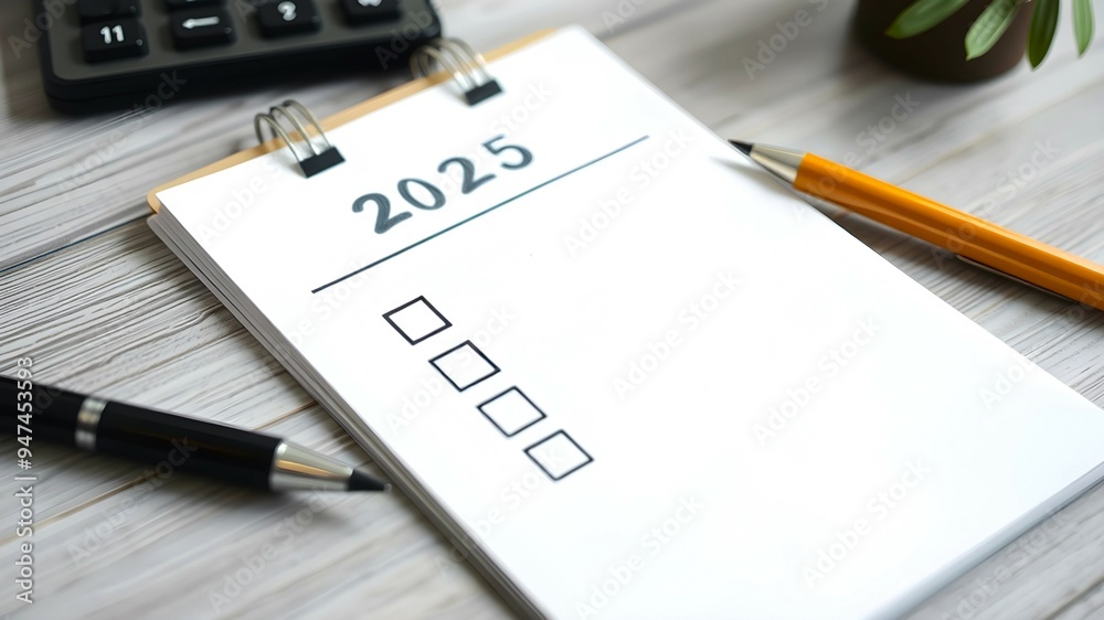 Checklist 2025 in notepad on table. Challenge for 2025 year. New years ideas and goals mockup Checklist 2025 in notepad on table. Challenge for 2025 year. New years ideas and goals mockup