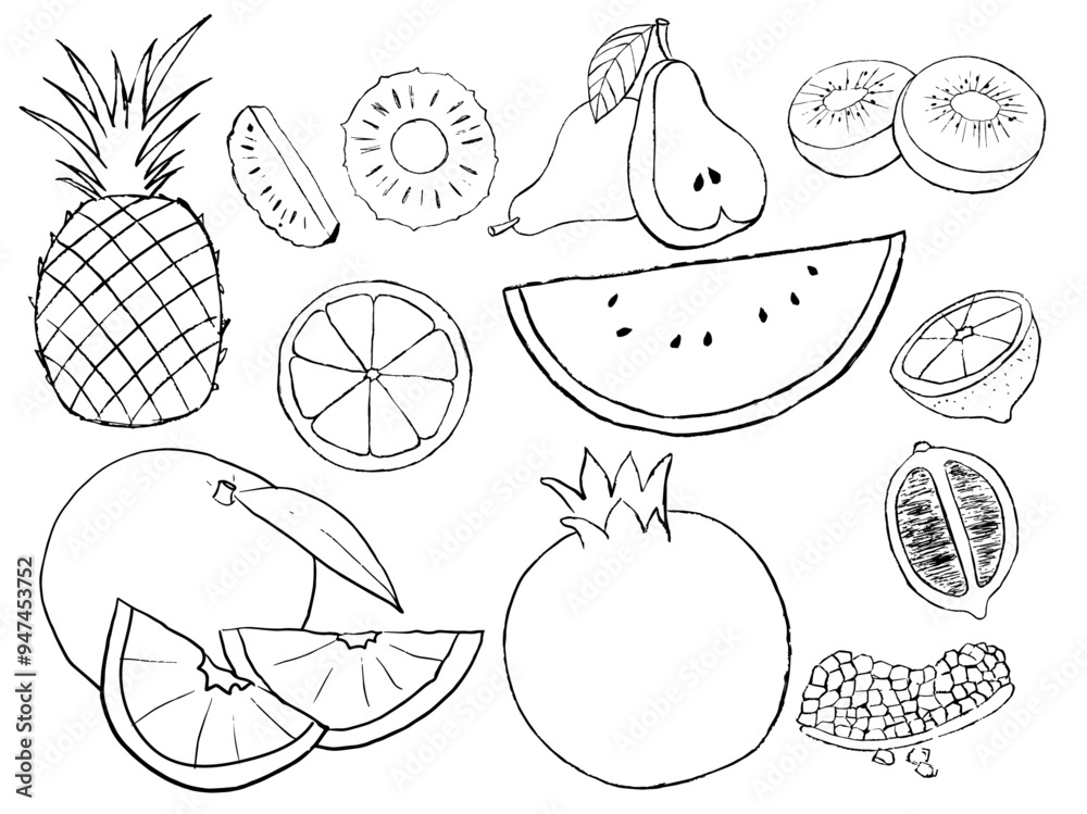 hand drawn illustration of fruits, doodles of fruits, pineapple, orange, lime, kiwi and pear hand drawn illustration of fruits, doodles of fruits, pineapple, orange, lime, kiwi and pear