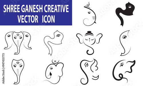 Lord Ganesh line art - Ganesh Face art - Ganesh Chaturthi - Ganapati Festival.  isolated on white background. Vector illustration. EPS 10