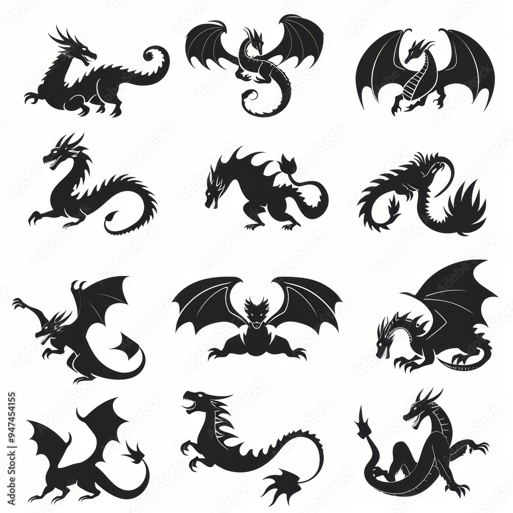 Dragons icon silhouette, dino, wyvern symbols, dinosaurs isolated, mythical monster, minimal flat tattoo Dragons icon silhouette, dino, wyvern symbols, dinosaurs isolated, mythical monster, minimal flat tattoo