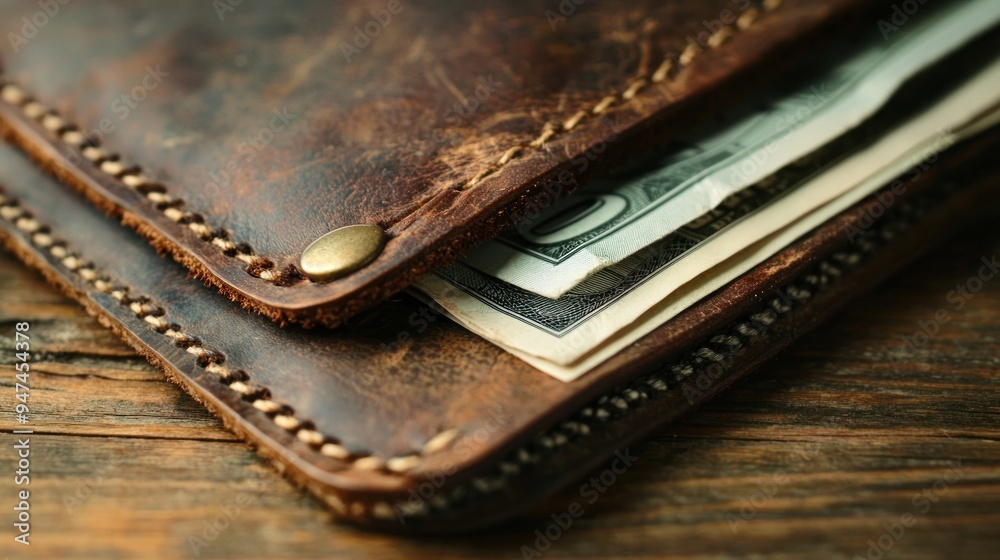 Close-up of a Brown Leather Wallet with Cash Inside Close-up of a Brown Leather Wallet with Cash Inside