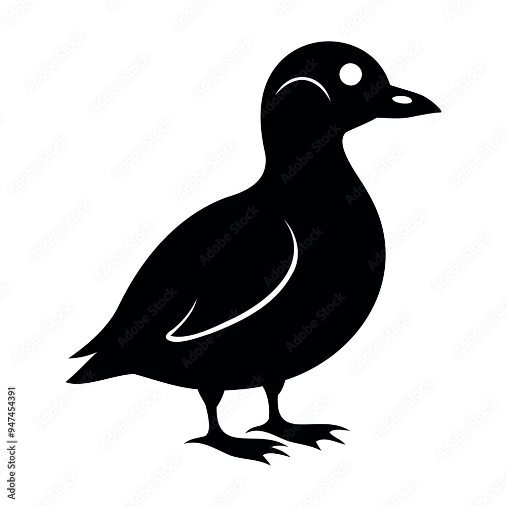 Fototapeta premium Parakeet auklet Black silhouette isolated on a white background, Duck silhouettes, vector collection