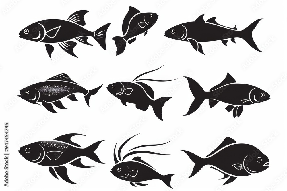 Fish icon, mackerel shape, minimal fishing symbol, tuna silhouette, salmon sign, black ink fish shape Fish icon, mackerel shape, minimal fishing symbol, tuna silhouette, salmon sign, black ink fish shape