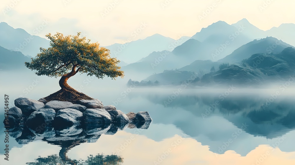 A lone tree stands tall on a rocky island in a serene lake, surrounded by misty mountains in the background, creating a peaceful and tranquil scene. A lone tree stands tall on a rocky island in a serene lake, surrounded by misty mountains in the background, creating a peaceful and tranquil scene.
