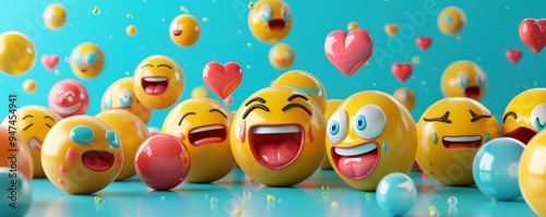 A mix of 3D emojis featuring laughter, crying, and love, with ample text space, in