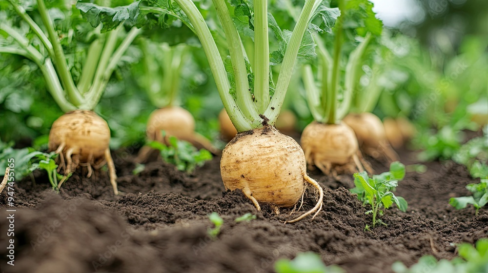 Root vegetables in full growth, surrounded by healthy soil and green foliage, in a well-tended field. Root vegetables in full growth, surrounded by healthy soil and green foliage, in a well-tended field.