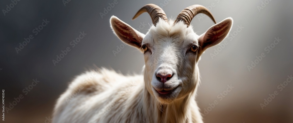Obraz premium White Goat with Curved Horns and Smiling Muzzle