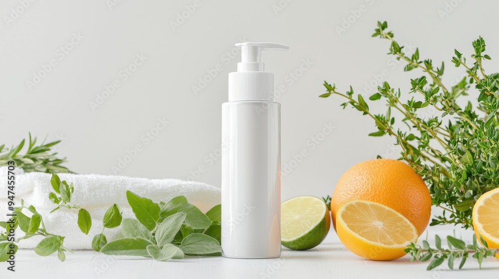 White Pump Bottle Mockup with Citrus Fruits and Herbs White Pump Bottle Mockup with Citrus Fruits and Herbs