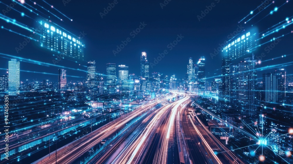 Futuristic Cityscape with Digital Network and Light Trails Futuristic Cityscape with Digital Network and Light Trails