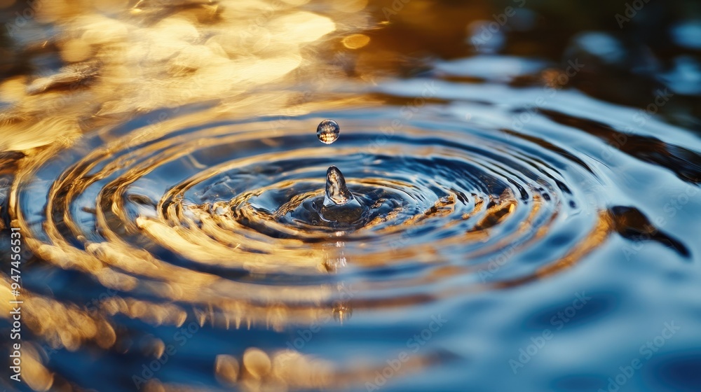 The moment a water drop touches the surface, creating ripples that expand outward. The moment a water drop touches the surface, creating ripples that expand outward.