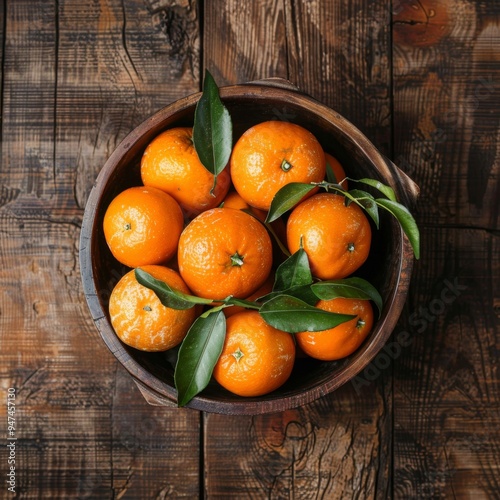 Fresh tangerines with green leaves, mandarins in bowl banner, oranges, clementines pile on wood table