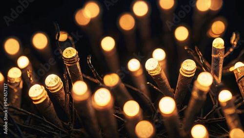 Close-up of warm, glowing LED string lights creating a festive and cozy ambiance