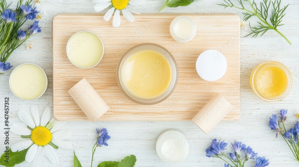 Natural Beauty Products on Wooden Background with Flowers Natural Beauty Products on Wooden Background with Flowers