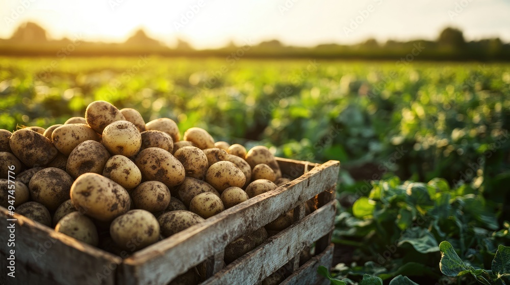Harvested young potatoes filling a crate, with a green field under a clear sky in the background. Harvested young potatoes filling a crate, with a green field under a clear sky in the background.