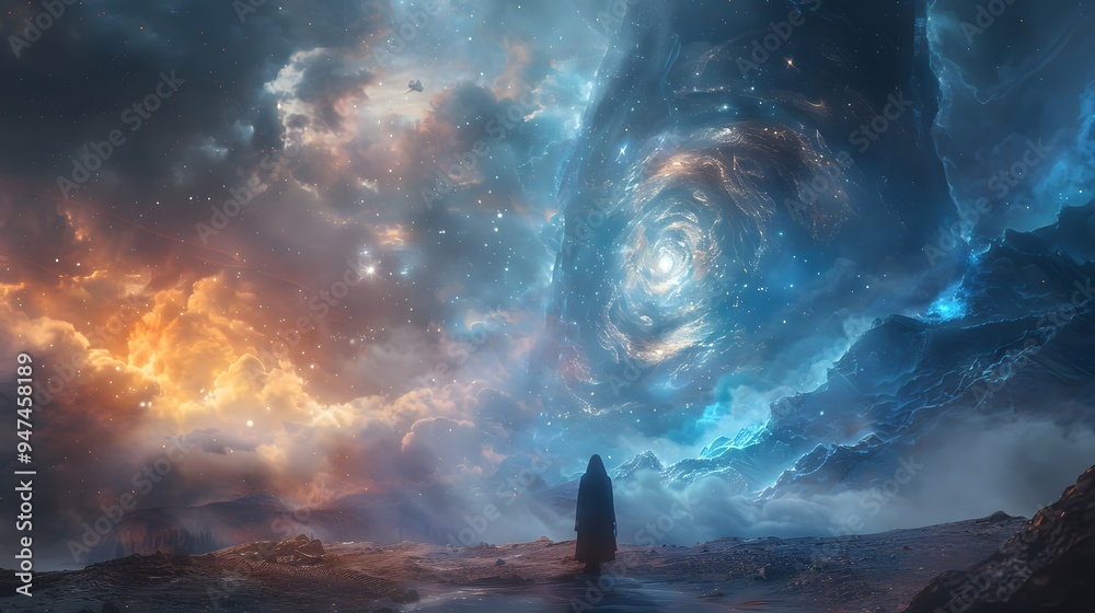 Silhouette of a Figure Gazing at a Cosmic Vortex. Silhouette of a Figure Gazing at a Cosmic Vortex.