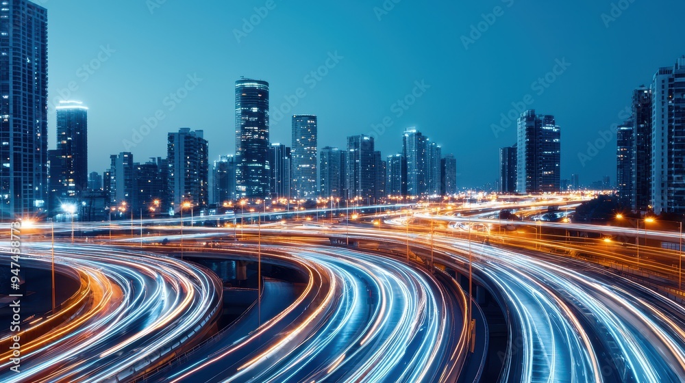 Obraz premium Night Cityscape with Light Trails on Highway