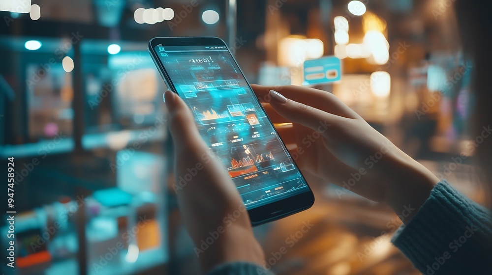 Woman Using Smartphone with Financial Data and Graphs Woman Using Smartphone with Financial Data and Graphs
