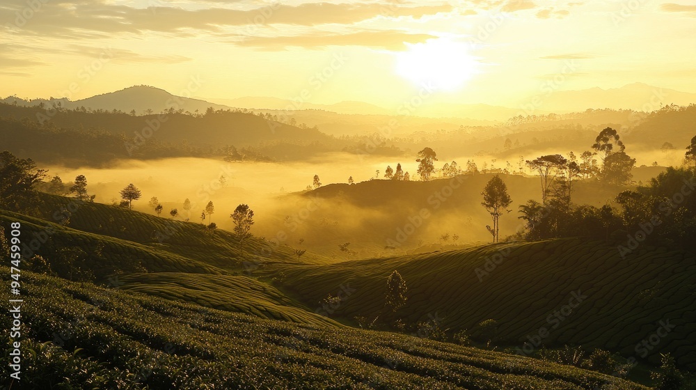 Sunrise over a tea plantation, with mist rising and a soft glow on the landscape. Sunrise over a tea plantation, with mist rising and a soft glow on the landscape.