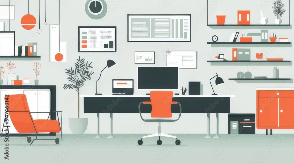 Modern Minimalist Workspace: A clean and organized home office interior with pops of color, ideal for productivity and focus. Modern Minimalist Workspace: A clean and organized home office interior with pops of color, ideal for productivity and focus.