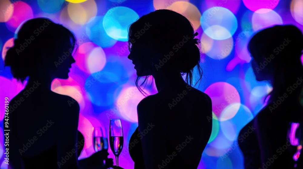 Silhouettes of Three Women with Champagne Flutes Against a Colorful Bokeh Background Silhouettes of Three Women with Champagne Flutes Against a Colorful Bokeh Background