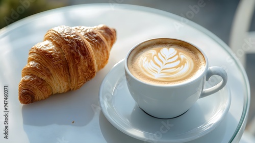 A Perfect Morning Indulgence: Savoring a Warm Croissant and Artful Latte in a Cozy Café Setting