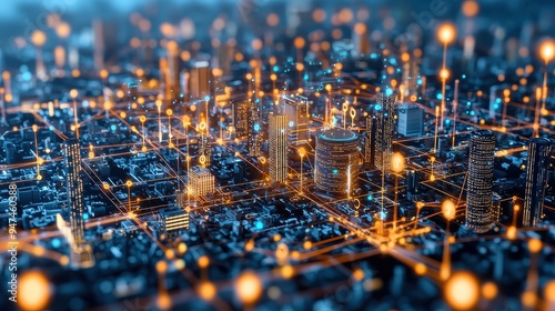 Futuristic Cityscape with Network Connections and Data Flow